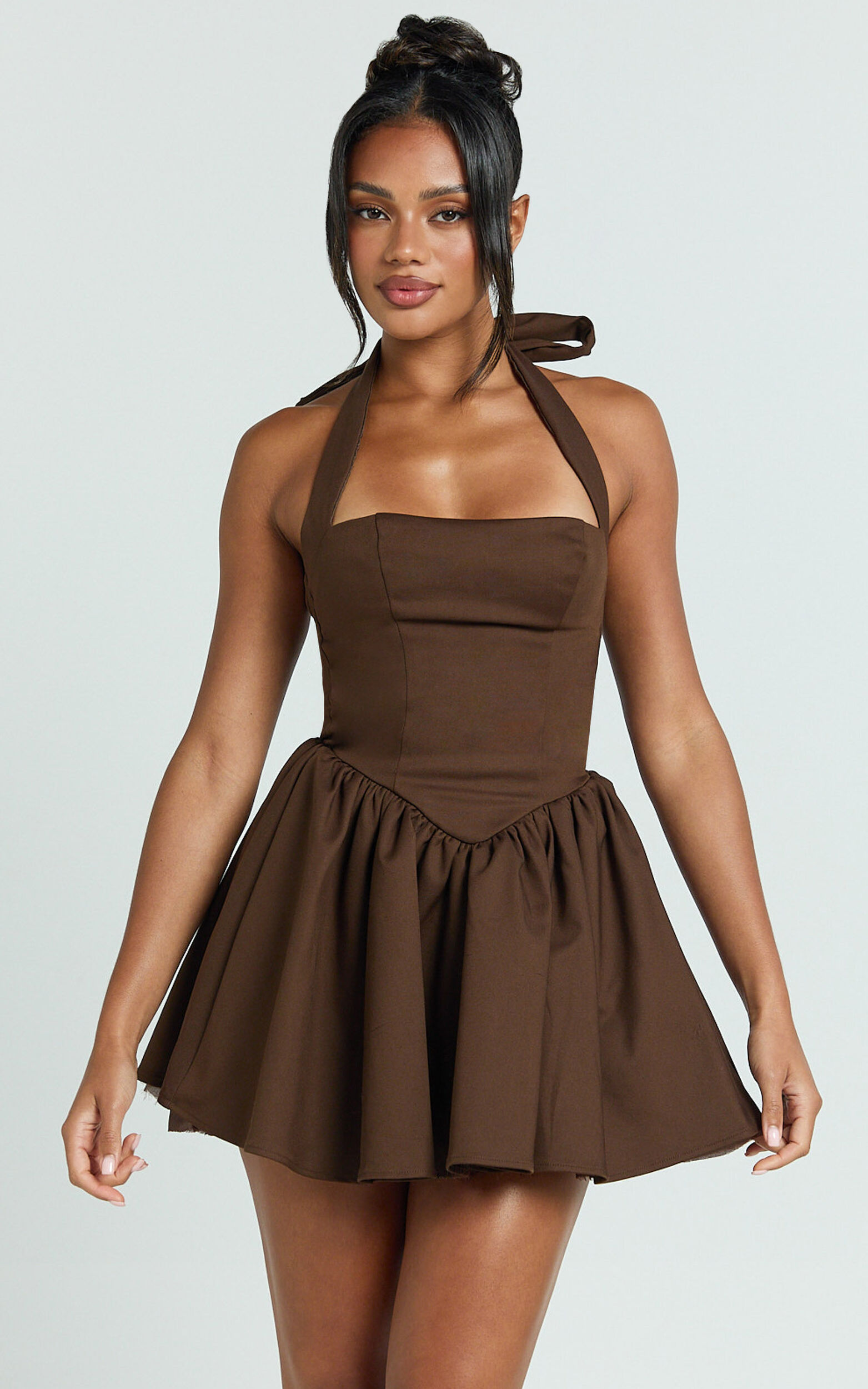 Helda Mini Dress - Halter Tie Neck Corset Panel Dress in Chocolate - 06, BRN1