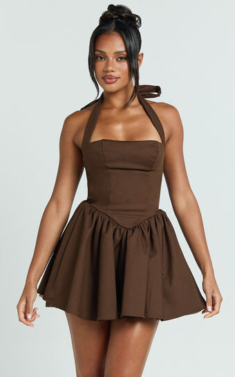 Helda Mini Dress - Halter Tie Neck Corset Panel Dress in Chocolate