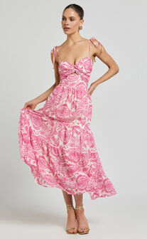 Esmeralda Midi Dress - Strappy Cut Out Tiered Dress in Pink Floral