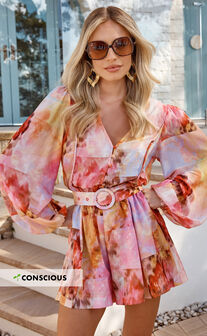 Amalie The Label - Vivette Linen Blend Puff Sleeve Belted Playsuit in Marsielle Print