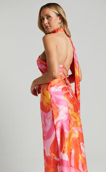Sophia Midi Dress - Asymmetrical Neck Tie Satin Dress in Pink Swirl