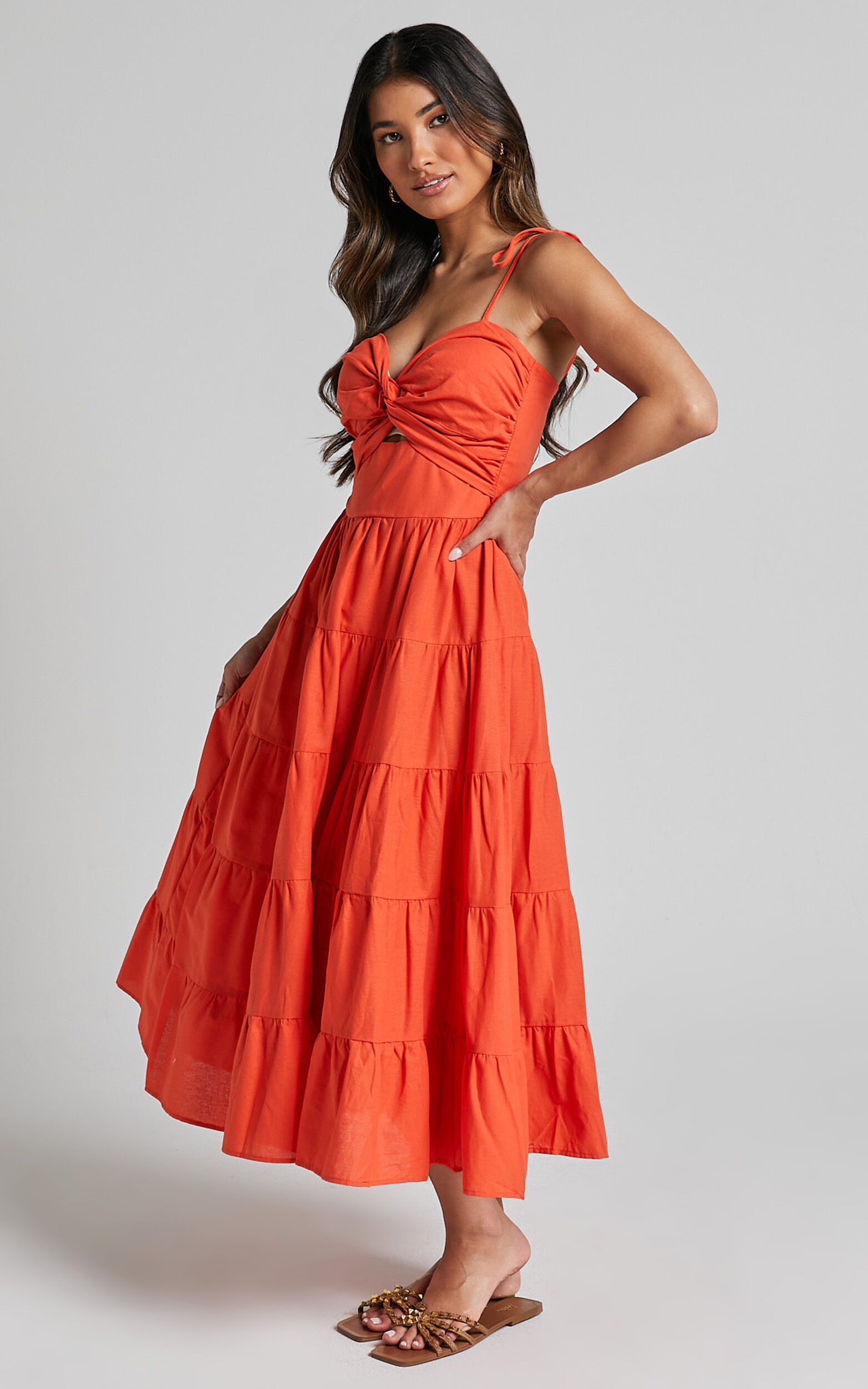 Leticia Midi Dress - Twist Front Tie Strap Tiered Dress in Orange ...