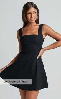 Adiana Mini Dress - Linen Look Square Neck Shirred Back A Line Dress in Black