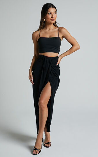 Alanna Midi Skirt - Linen Look Thigh Split Wrap Skirt in Black