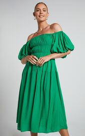 Peyton Midi Dress - Off Shoulder Puff Sleeve Tiered Dress in Green ...