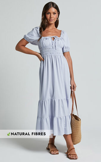 Claritza Midi Dress - Linen Look Short Puff Sleeve Square Neck Tiered Dress in Pale Blue