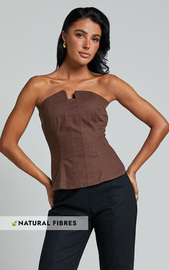 Herrera Top - Linen Look Strapless Panel Seam Corset Top in Chocolate