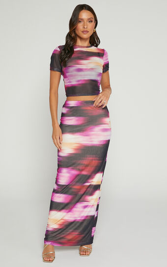 Janet Top and Skirt Two Piece Set - Short Sleeve Midi Skirt in Soft Focus