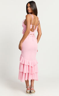 Hattie Midi Dress - Ruffle Detail V-neck Dress in Pink