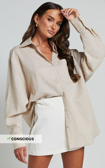 Anziel Top - Oversized Long Sleeve Linen Blend Shirt in Oatmeal