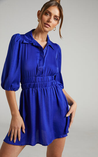 Raicy Mini Dress - Collared Shirred Waist Dress in Blue
