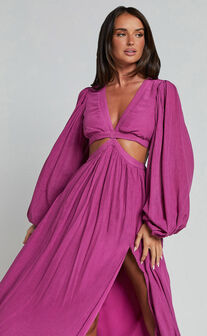 Paige Maxi Dress - Side Cut Out Balloon Sleeve Dress in Orchid