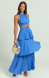 Elly Maxi Dress - Tiered Ruffle Cut Out Dress in Blue | Showpo