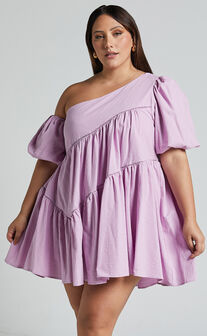 Harleen Mini Dress - Linen Look Asymmetrical Trim Puff Sleeve Dress in Lavender