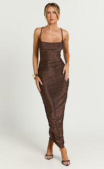 Roma Midi Dress - Ruched Cowl Neck Dress in Chocolate Lurex