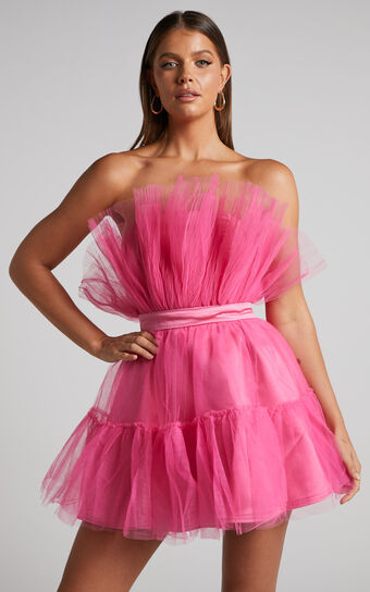 Amalya Mini Dress  Tiered Tulle Fit and Flare in Hot