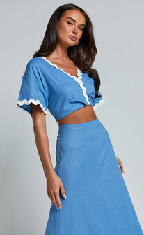 Blythe Two Piece Set - Short Sleeve with Wave Hem A Line Skirt Set in Blue