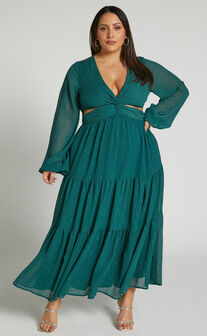 Edelyn Midi Dress - Cut Out Balloon Sleeve Tiered Dress in Emerald