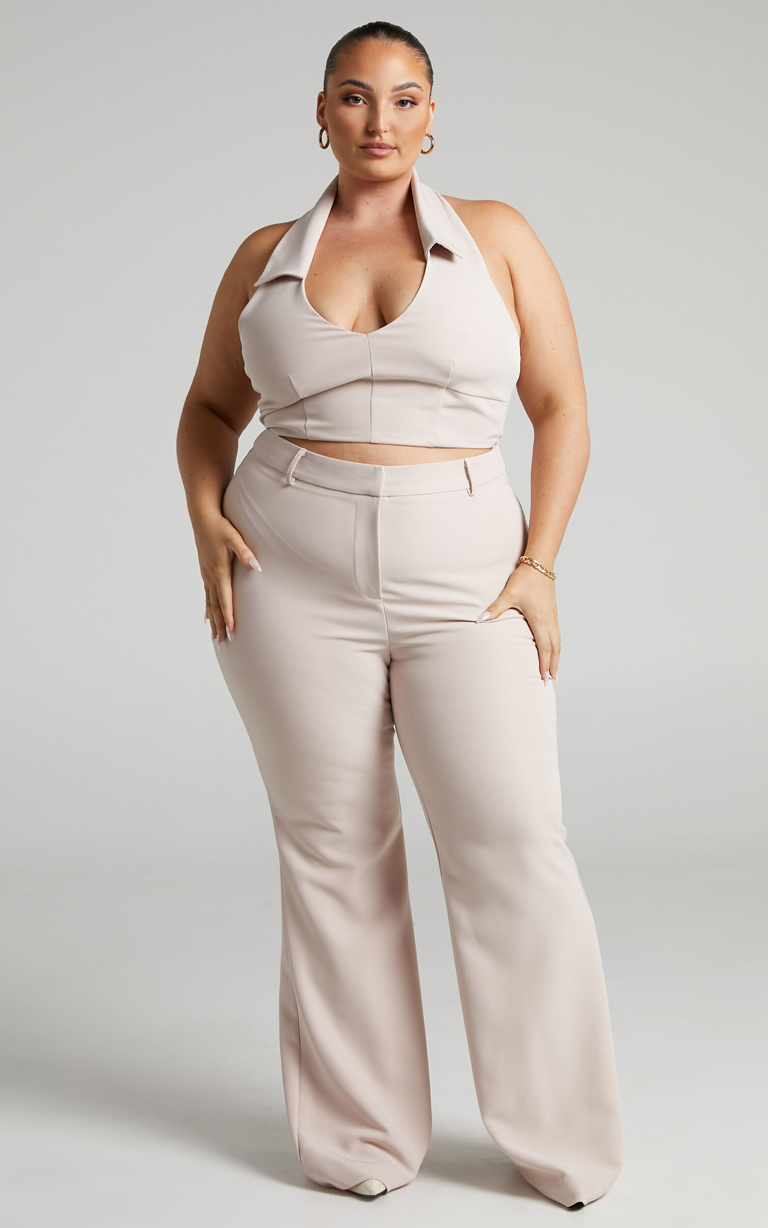 Lorena - High Waisted Flared Trousers in Stone - 04, NEU2