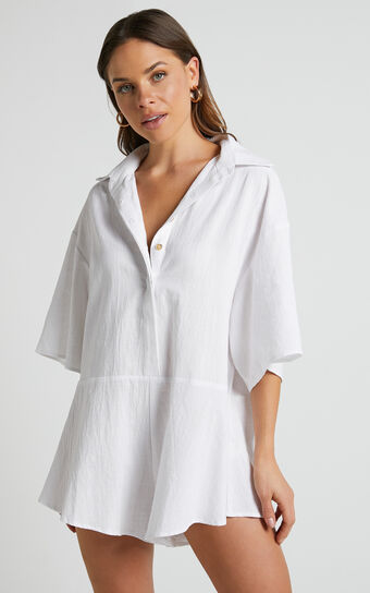 Ankana Playsuit  Short Sleeve Relaxed Button Front in White Showpo