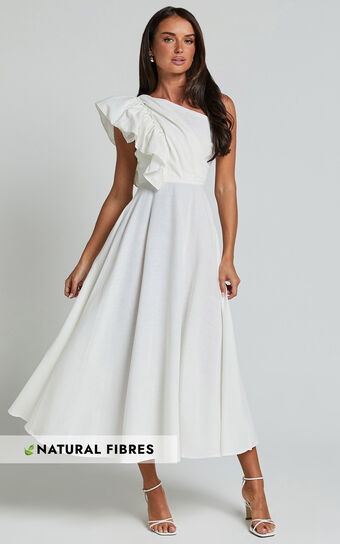 Dixie Midi Dress Linen Look One Shoulder Ruffle in White Showpo Sale