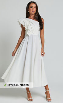 Dixie Midi Dress - Linen Look One Shoulder Ruffle Dress in White