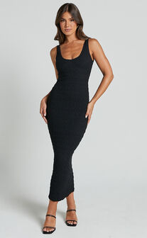 Novida Midi Dress - Textured Bodycon Dress in Black