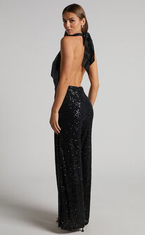 Julien Jumpsuit - Backless Wide Leg Cowl Neck Sequin Jumpsuit in Black