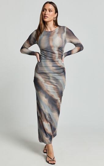 Zyra Midi Dress - High Neck Long Sleeve Mesh Dress in Neutral Stripe