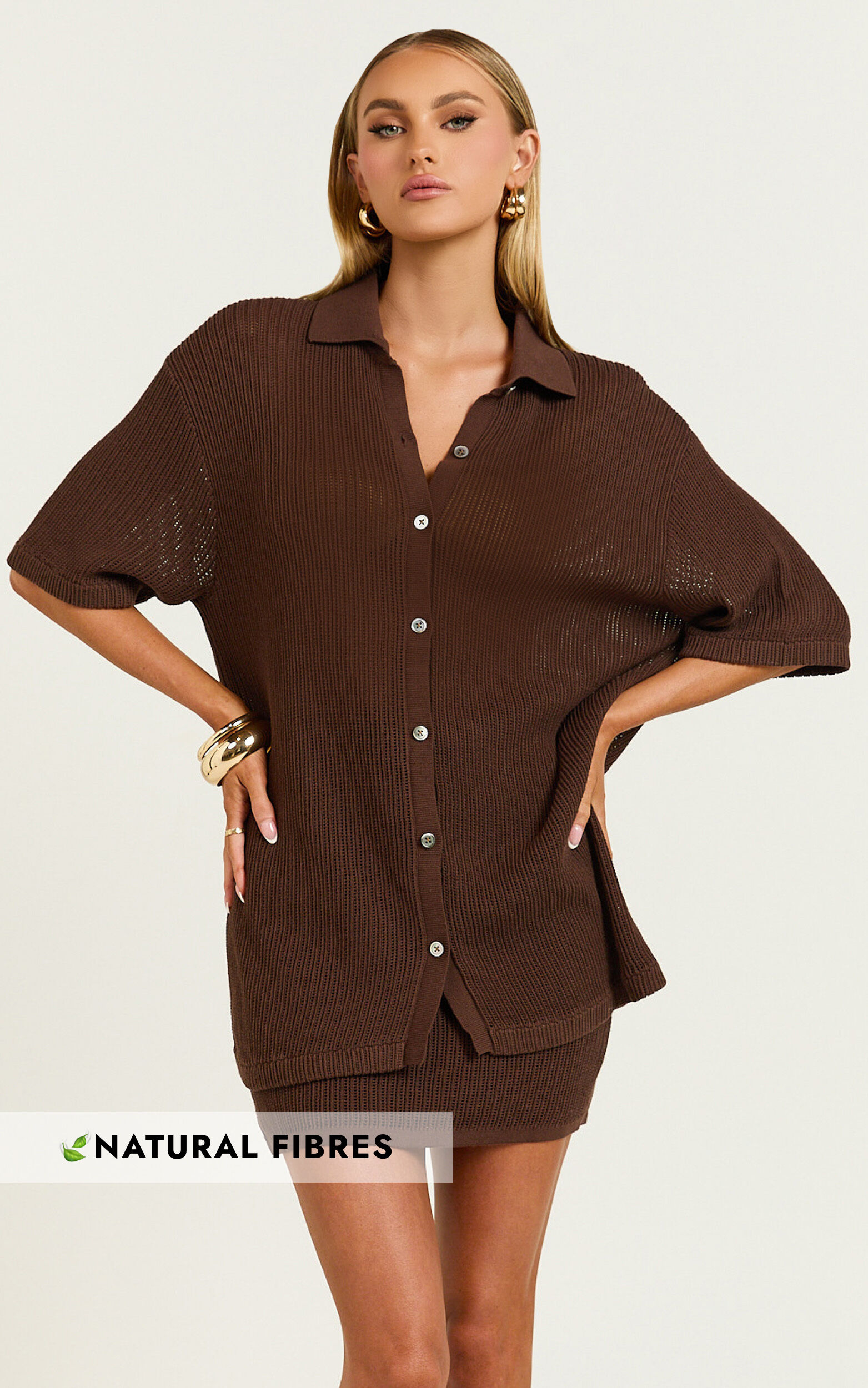 Tristan Top - Crochet Knit Button Through Collared Shirt in Chocolate - 06, BRN1