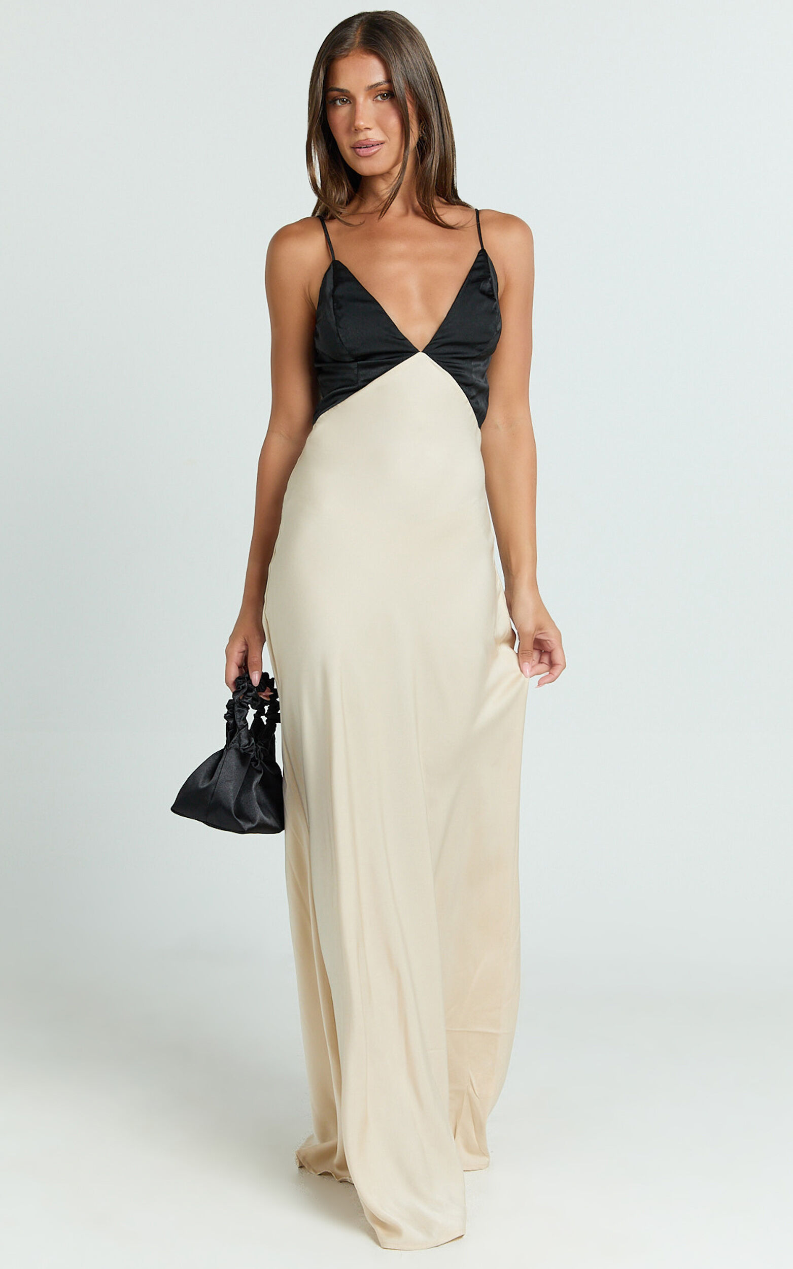 Quincy Maxi Dress - Satin Slip Dress in Black/Champagne | Showpo