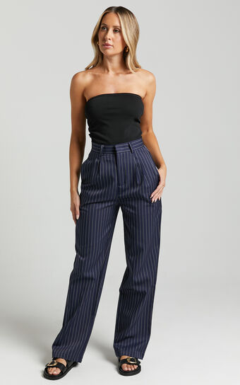 Iyah Pants - High Waisted Tailored Pants in Navy Pinstripe
