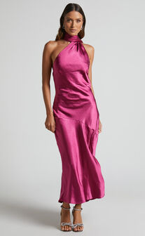 Evana Midi Dress - High Asymmetrical Neck Satin Slip Dress in FUSCHIA