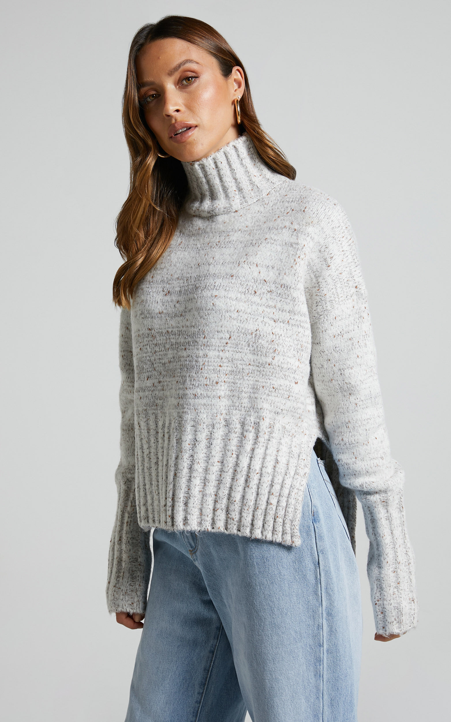 Maleesha Jumper - Oversized Turtle Neck Knit Jumper in Grey Marle | Showpo