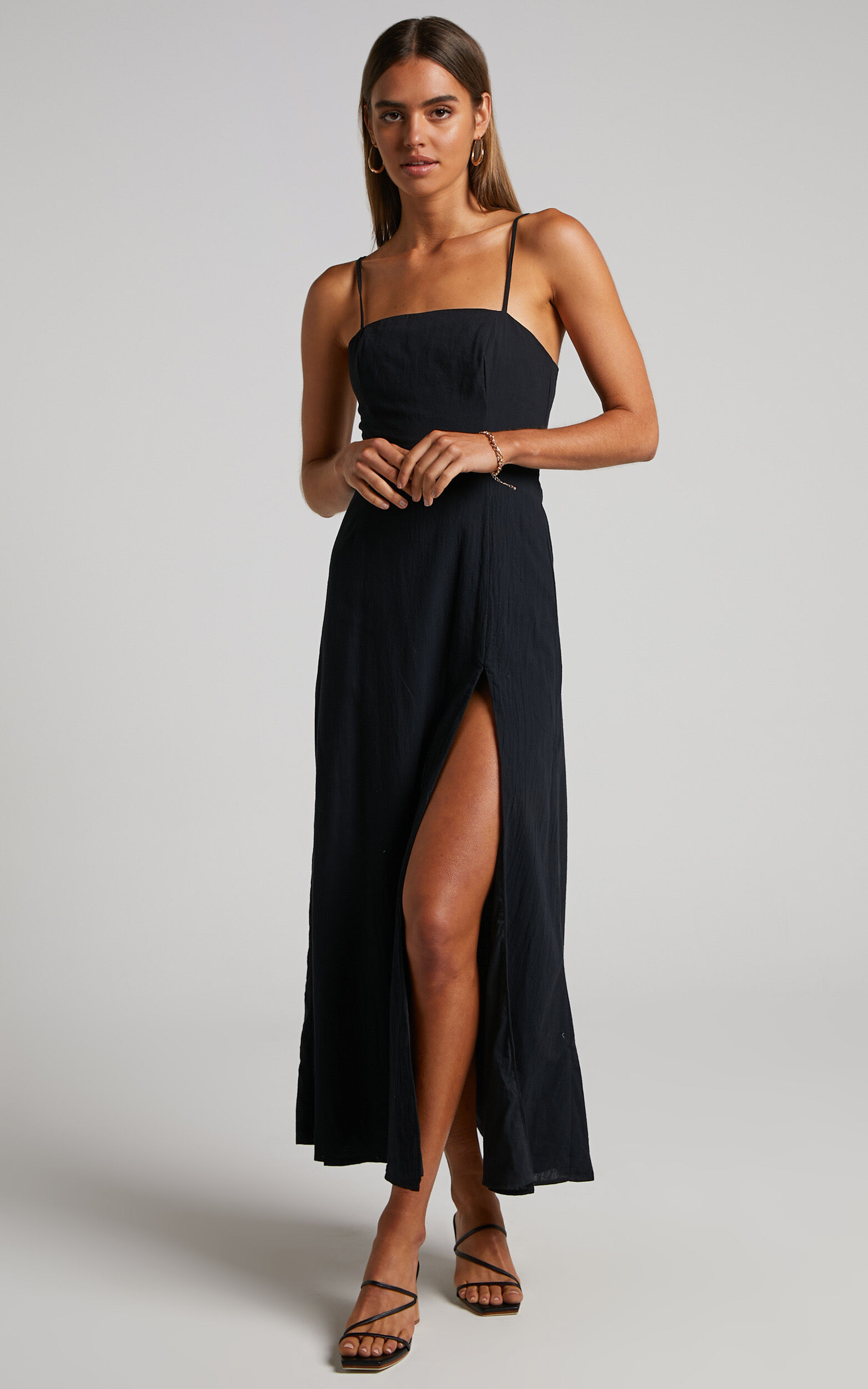 Marsha Midi Dress - High Split Slip Dress in Black | Showpo