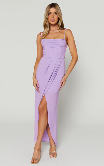 Andrina Midi Dress - High Low Wrap Corset Dress in Lilac