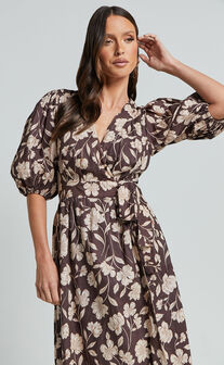 Amalie The Label - Francie Linen Blend Puff Sleeve Wrap Midi Dress in Sahara Print