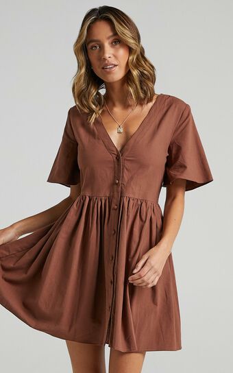 Staycation Mini Dress - Smock Button Up Dress in Chocolate