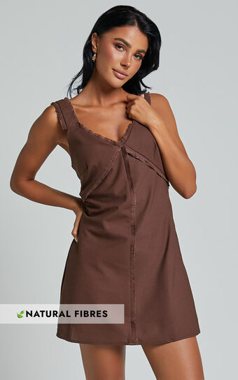 Lauryn Mini Dress - Linen Look V Neck A Line Dress in Chocolate