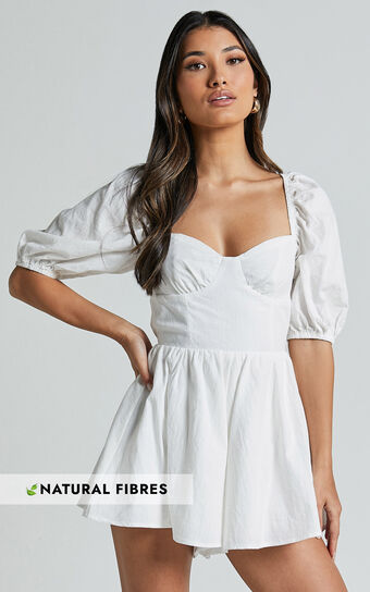 Vicky Playsuit - Sweetheart Short Puff Sleeve Tie Back in White