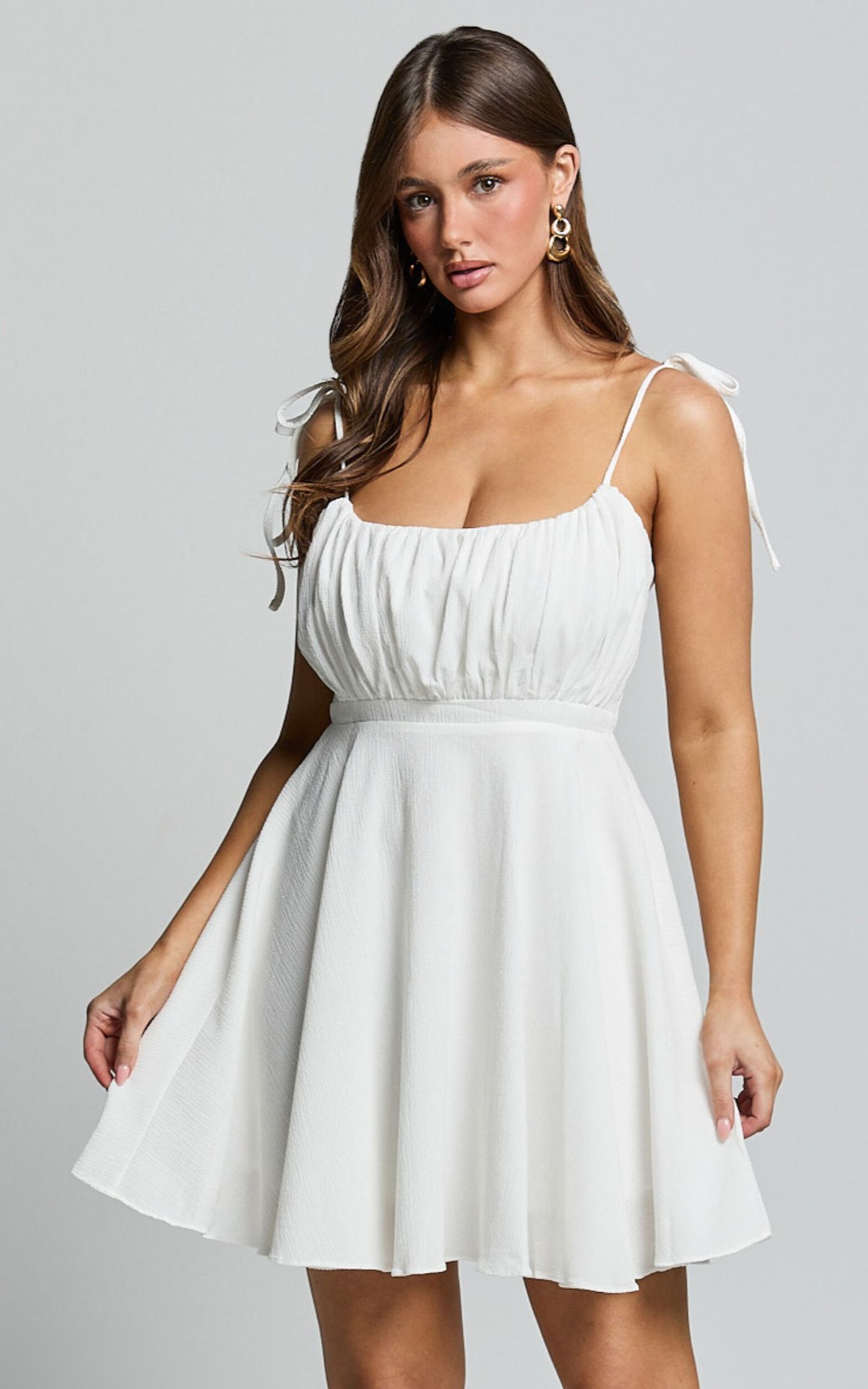 Aziah Mini Dress - Tie Shoulder Ruched Bodice Dress in White - 06, WHT1