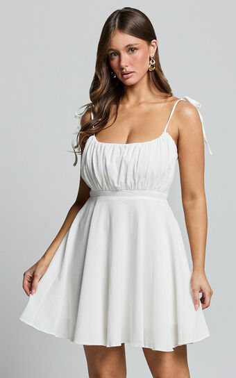 Aziah Mini Dress - Tie Shoulder Ruched Bodice Dress in White