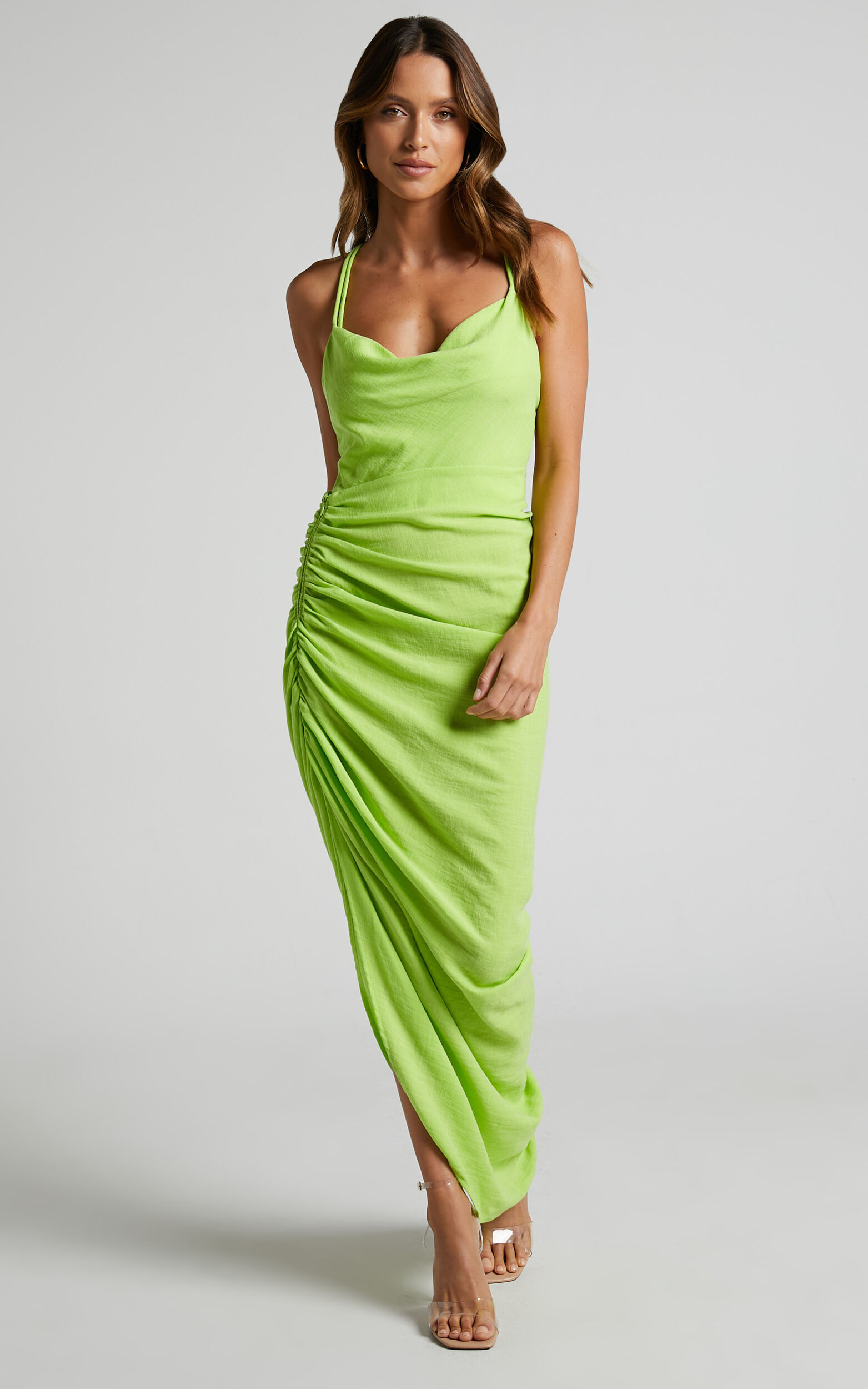 Khari Midi Dress - Strappy Back Ruched Slip Dress in Lime - 06, GRN2