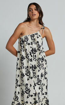 Illyana Midi Dress - Asymmetric One Shoulder Frill Hem Dress in White and Black Print