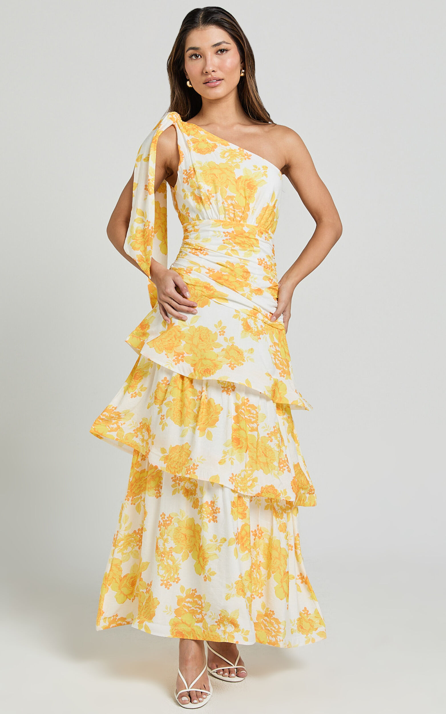 Krissy Midi Dress - Asymmetrical Tie Shoulder Layered Dress in Yellow Floral - 06, YEL1