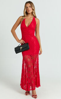 Hance Midi Dress - V-neck Lace Open Back Dress in Red