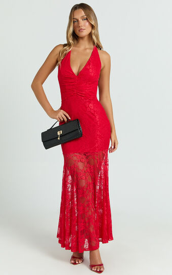 Hance Midi Dress - V-neck Lace Open Back Dress in Red