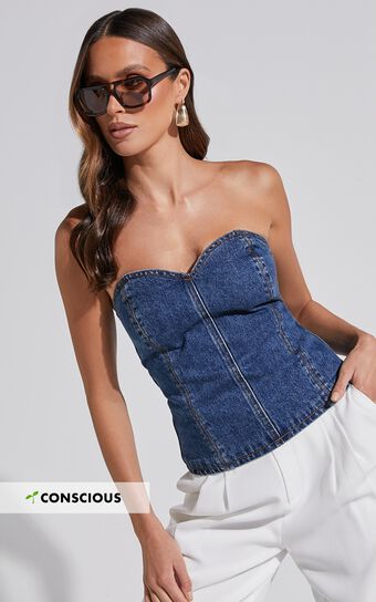 Kendra Top - Denim Bustier Sweetheart Neck Strapless Corset in Dark Wash