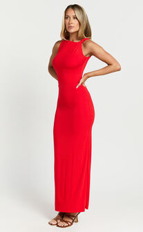 Aisha Midi Dress - Sleeveless Twist Strap Bodycon Dress in Red