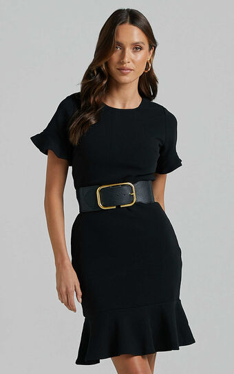 Authority Mini Dress - Peplum Scoop Neck Short Sleeve Frill Dress in Black